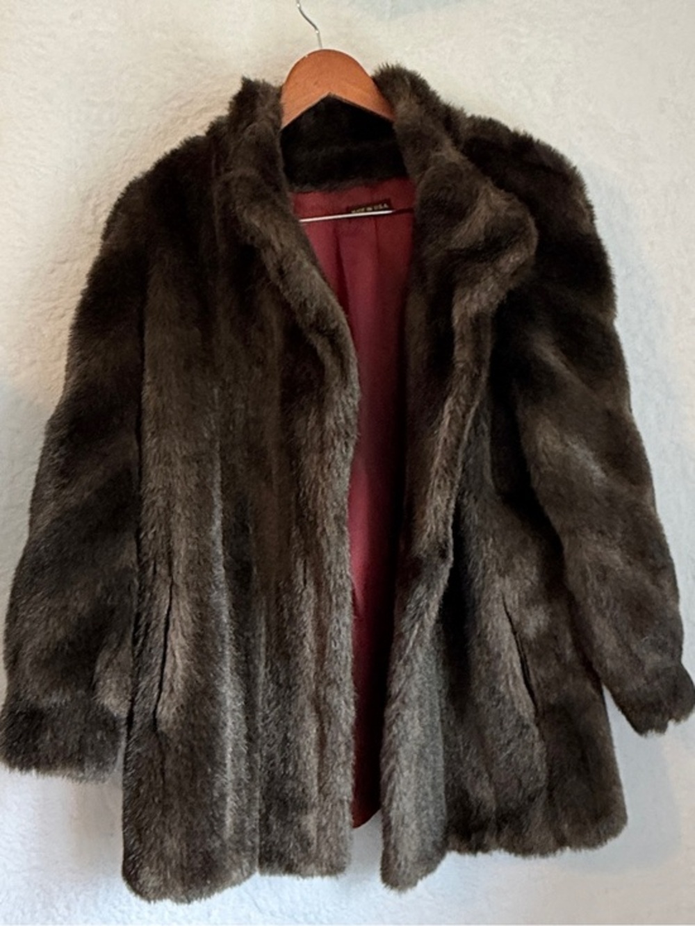 Vintage USA Brown Faux Mink Fur Swing Coat Glam Teddy Bear Coat Size XL